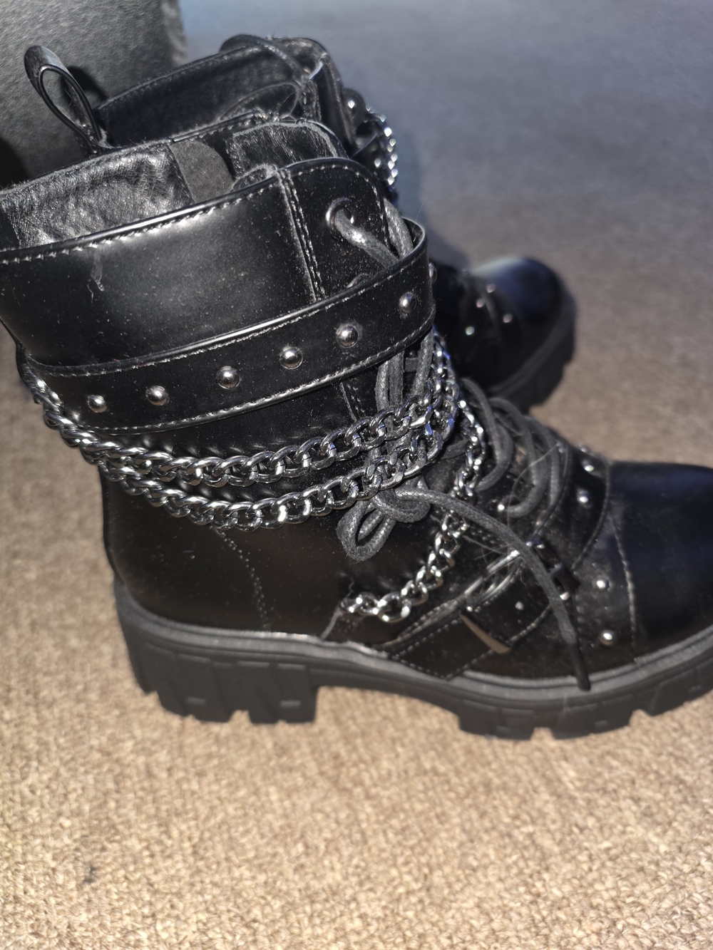 Black Studded Combat Boots with Chain Detail